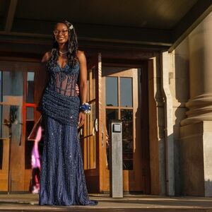 Elegant Navy Blue Beaded Gown